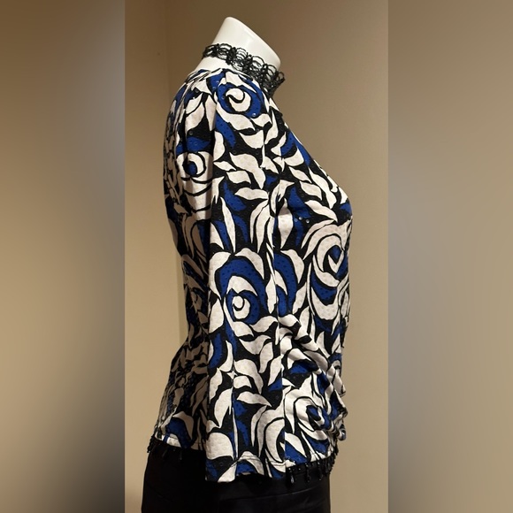 MSK Wrap Top Look Blue white black Floral Print. Black Beaded waist Fringe Sz S - Picture 4 of 13